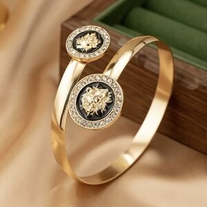 Gold Black Diamond Lion Head Bangle Bracelet